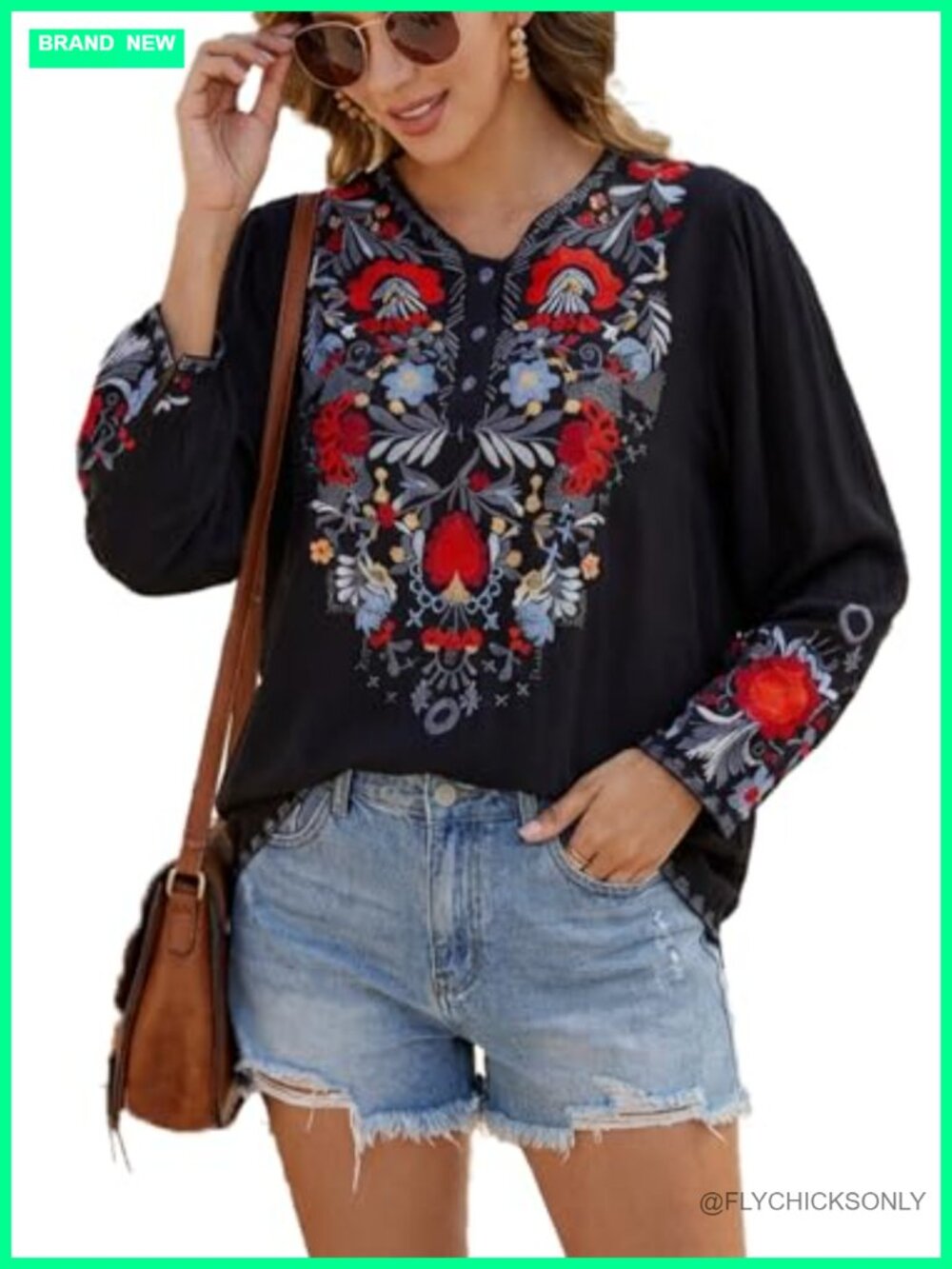 Womens Embroidered Tunic Top Long Sleeve Peasant Blouse Mexican Style